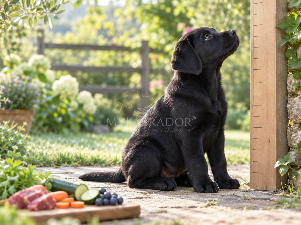 Cucciolo di Labrador nero con alimenti naturali durante la crescita
