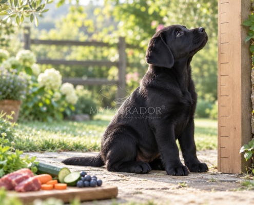 Perché il cucciolo alimentato naturalmente cresce più lentamente (ed è un bene) Cucciolo di Labrador nero con alimenti naturali durante la crescita