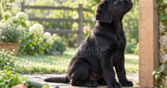 Cucciolo di Labrador nero con alimenti naturali durante la crescita